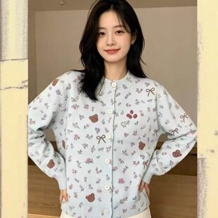 韩系碎花小熊针织开衫显瘦百搭甜美减龄上衣潮女秋季新款毛衣外套
