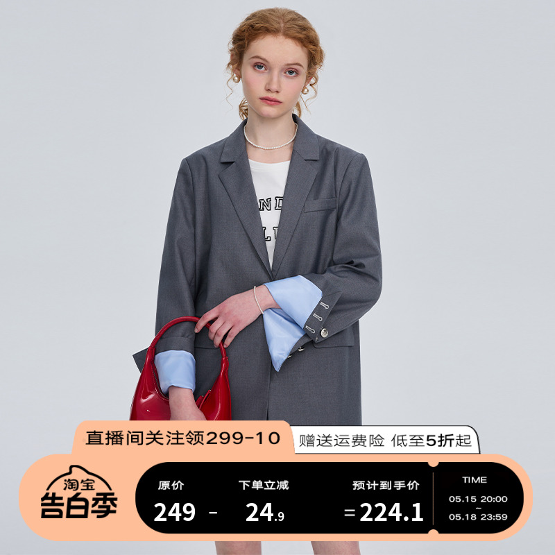 DESIGNER PLUS 灰色西装外套女2024小个子休闲韩版撞色中长款西服