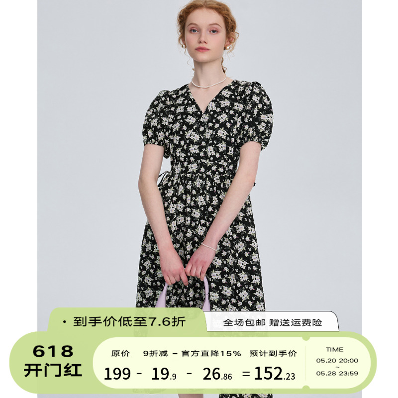 DESIGNER PLUS 法式黑色收腰碎花连衣裙V领显瘦泡泡袖茶歇a字裙子 女装/女士精品 连衣裙 原图主图