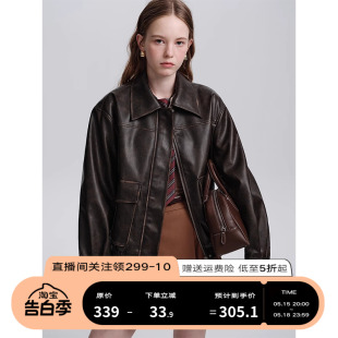 美式 复古咖色pu皮衣外套女小个子做旧短款 PLUS DESIGNER 机车夹克