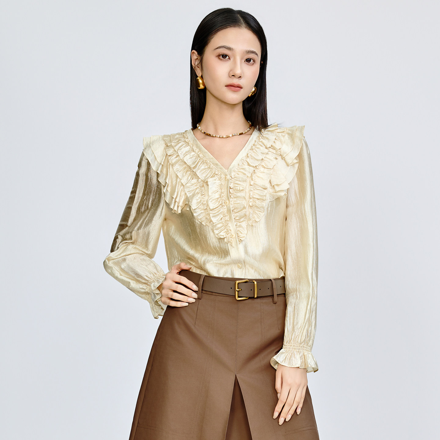 法式V领喇叭长袖衬衫女上衣潮