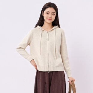 长袖 简约时尚 拉链上衣 女装 芭依璐2025秋冬抽绳连帽毛衣针织开衫