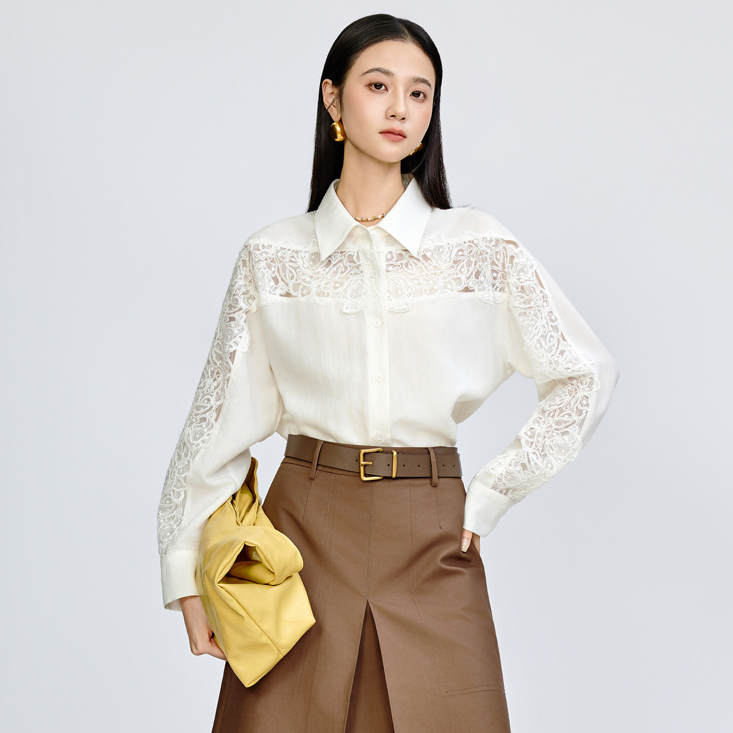 白色蕾丝拼接长袖衬衫女上衣