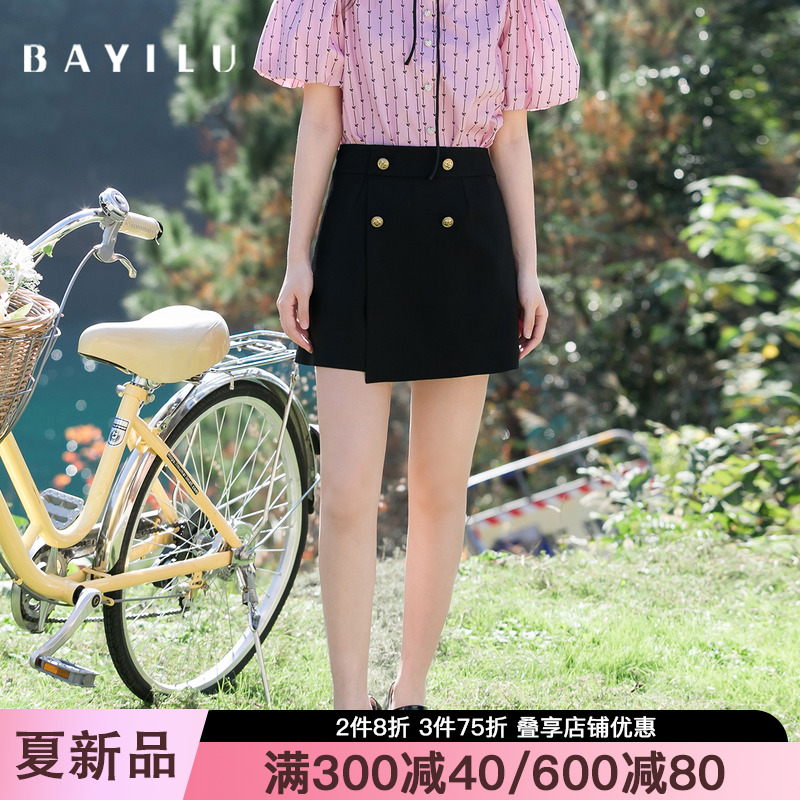芭依璐高腰短裤女2025年夏季新款双排扣裙裤a字纯色显瘦简约裤子
