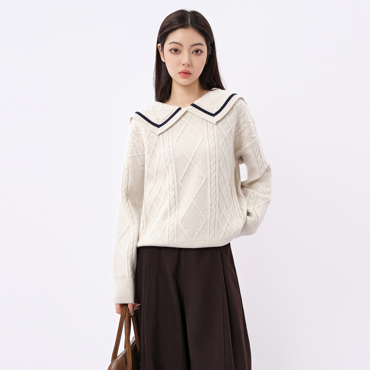 芭依璐2026春季新款娃娃领针织衫小个子慵懒风上衣加厚长袖毛衣女