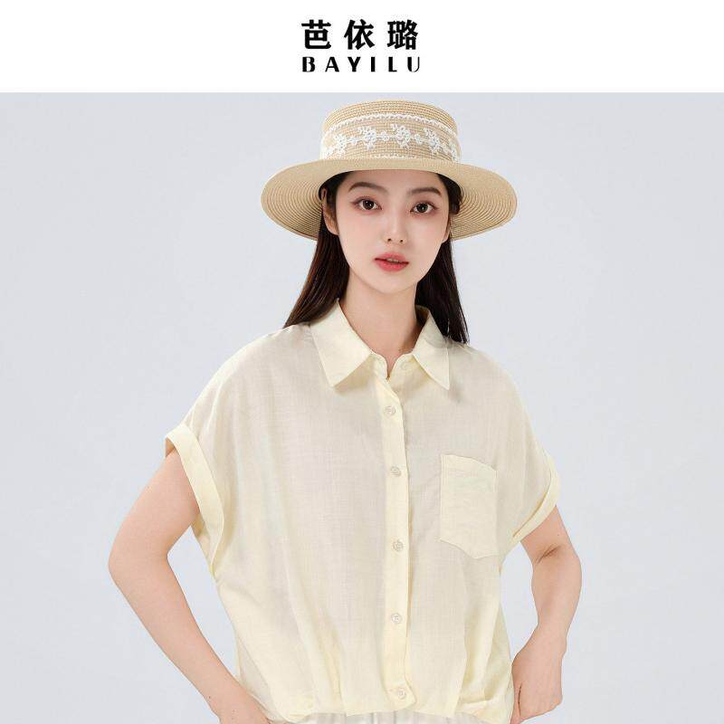芭依璐2026新款法式简约气质百搭上衣蓝色波点丝巾短袖衬衫女