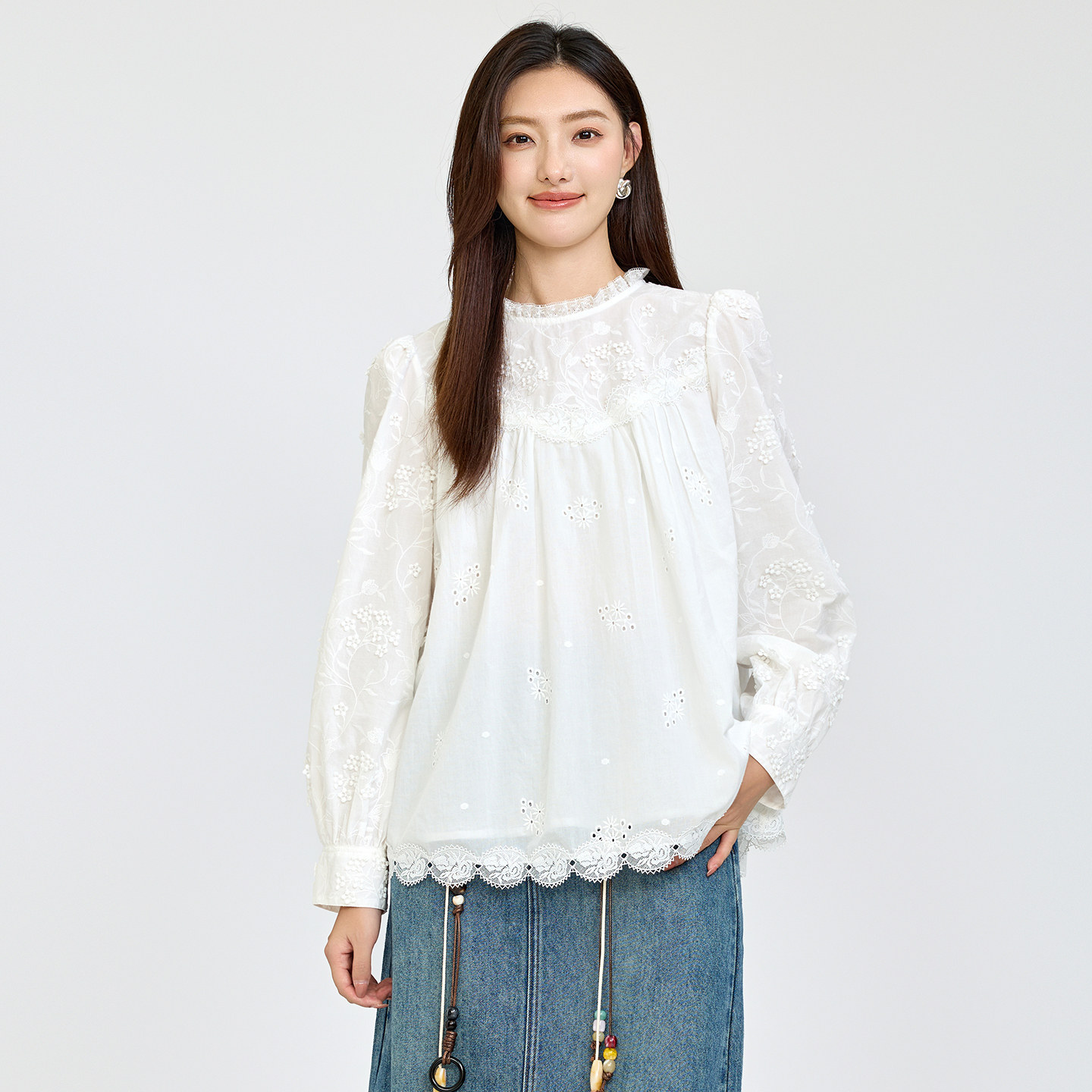 法式提花蕾丝拼接长袖衬衫上衣女