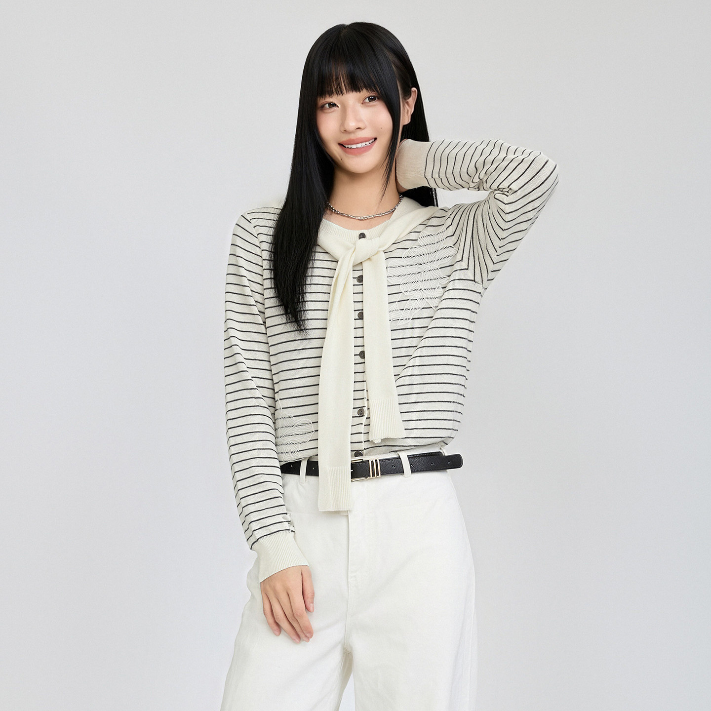 芭依璐韩系条纹羊毛开衫女秋款