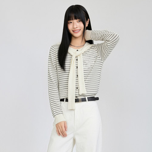 芭依璐韩系条纹羊毛开衫女秋款