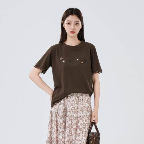 芭依璐2026夏季新款T恤女时尚复古显瘦纯棉蕾丝花边休闲短袖上衣