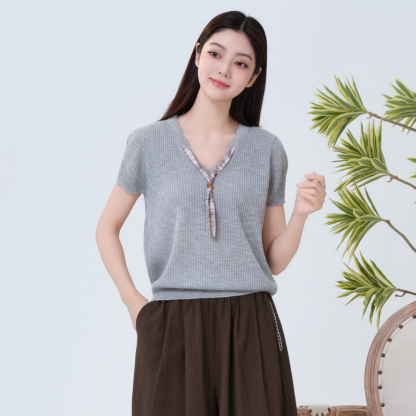 夏季丝巾针织短袖女打底衫上衣