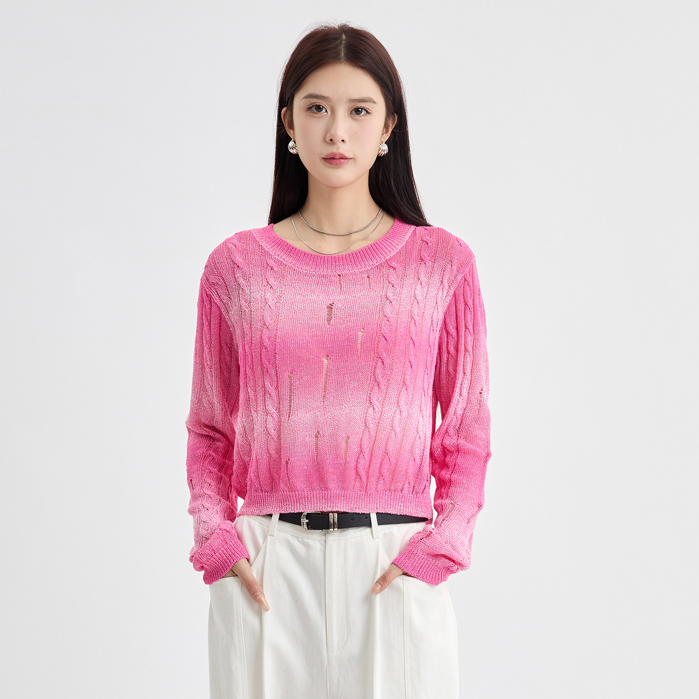 芭依璐2026春新款甜美圆领渐变镂空设计感显瘦针织宽松毛衫上衣女,女装/女士精品,毛衣,淘宝优惠券,粉丝福利购,淘宝优惠卷