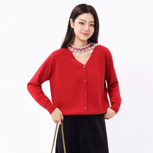 新款 羊毛针织衫 针织开衫 V领蕾丝飘带百搭长袖 时尚 芭依璐2025冬季
