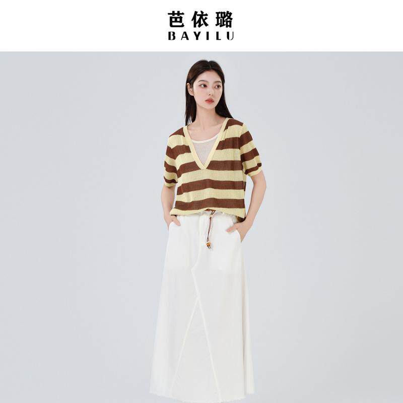 芭依璐夏季假两件条纹短袖t恤女圆领透气冰丝针织上衣套头T恤衫薄