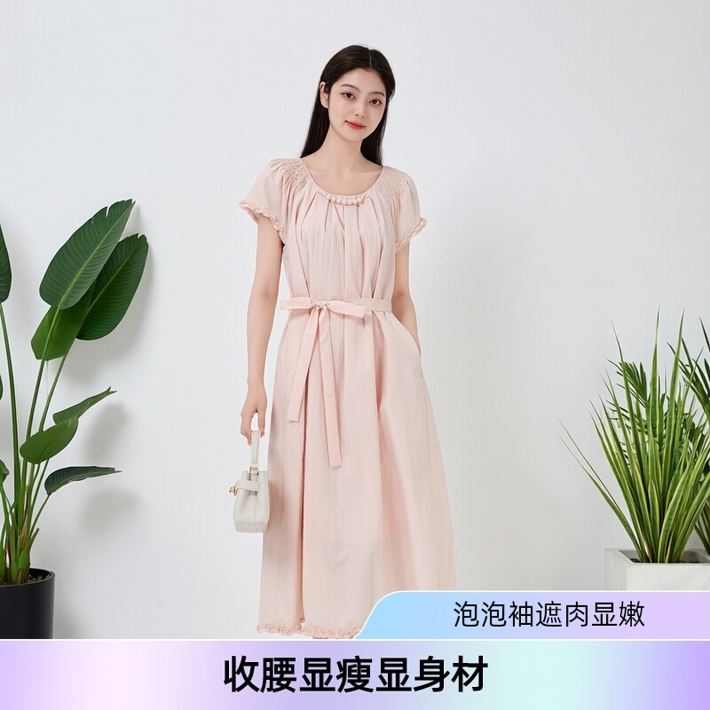 芭依璐连衣裙女2026夏季新款甜美淑女风泡泡袖收腰显瘦系带长裙