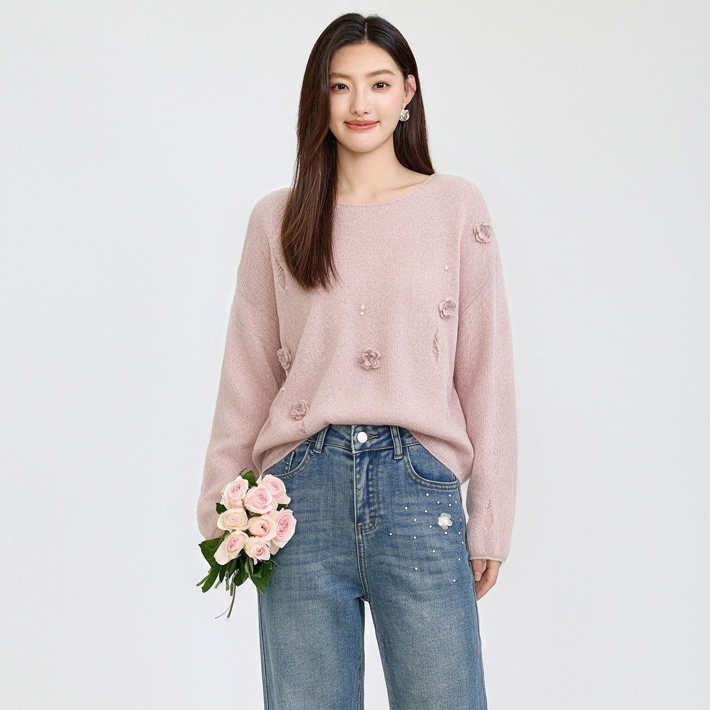 芭依璐秋冬圆领套头甜美针织衫女