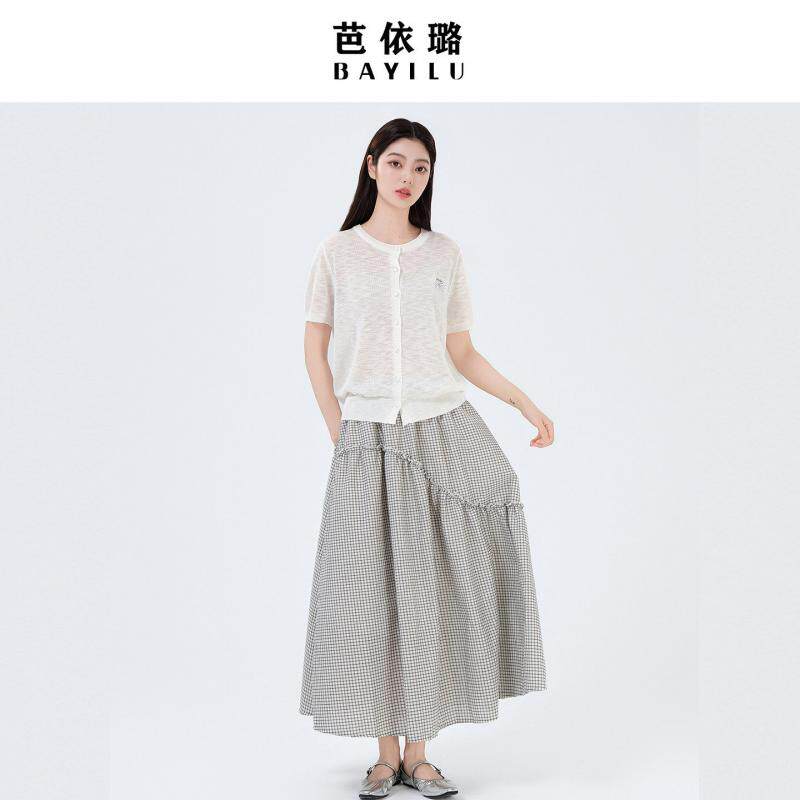 芭依璐荷叶边拼接松紧腰格子中长款半身裙女2026夏季新款优雅气质