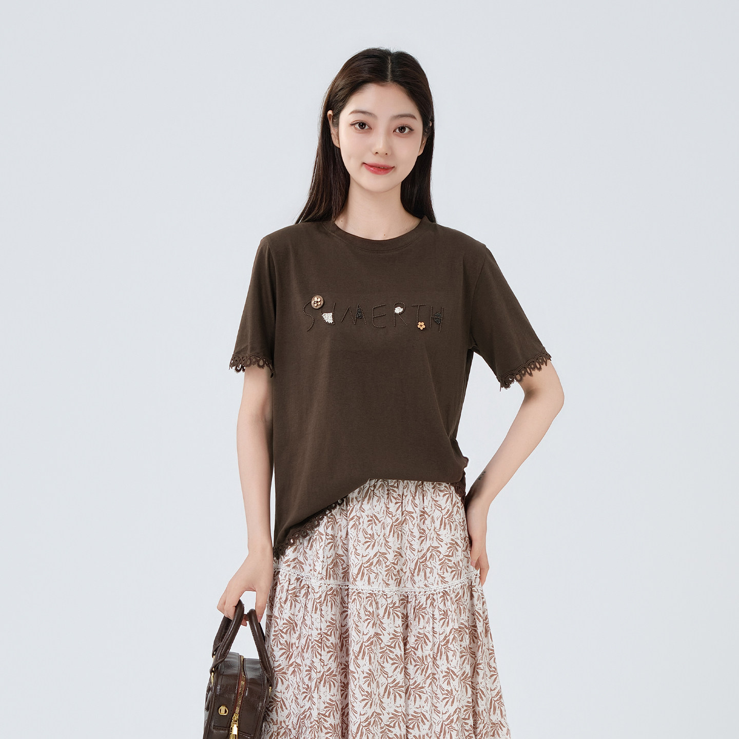 芭依璐2026夏季新款T恤女时尚复古显瘦纯棉蕾丝花边休闲短袖上衣