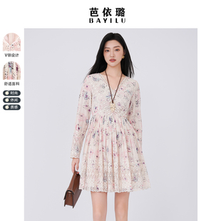 甜美蕾丝V领重工印花小众裙子 连衣裙法式 芭依璐2026春节新款 长袖