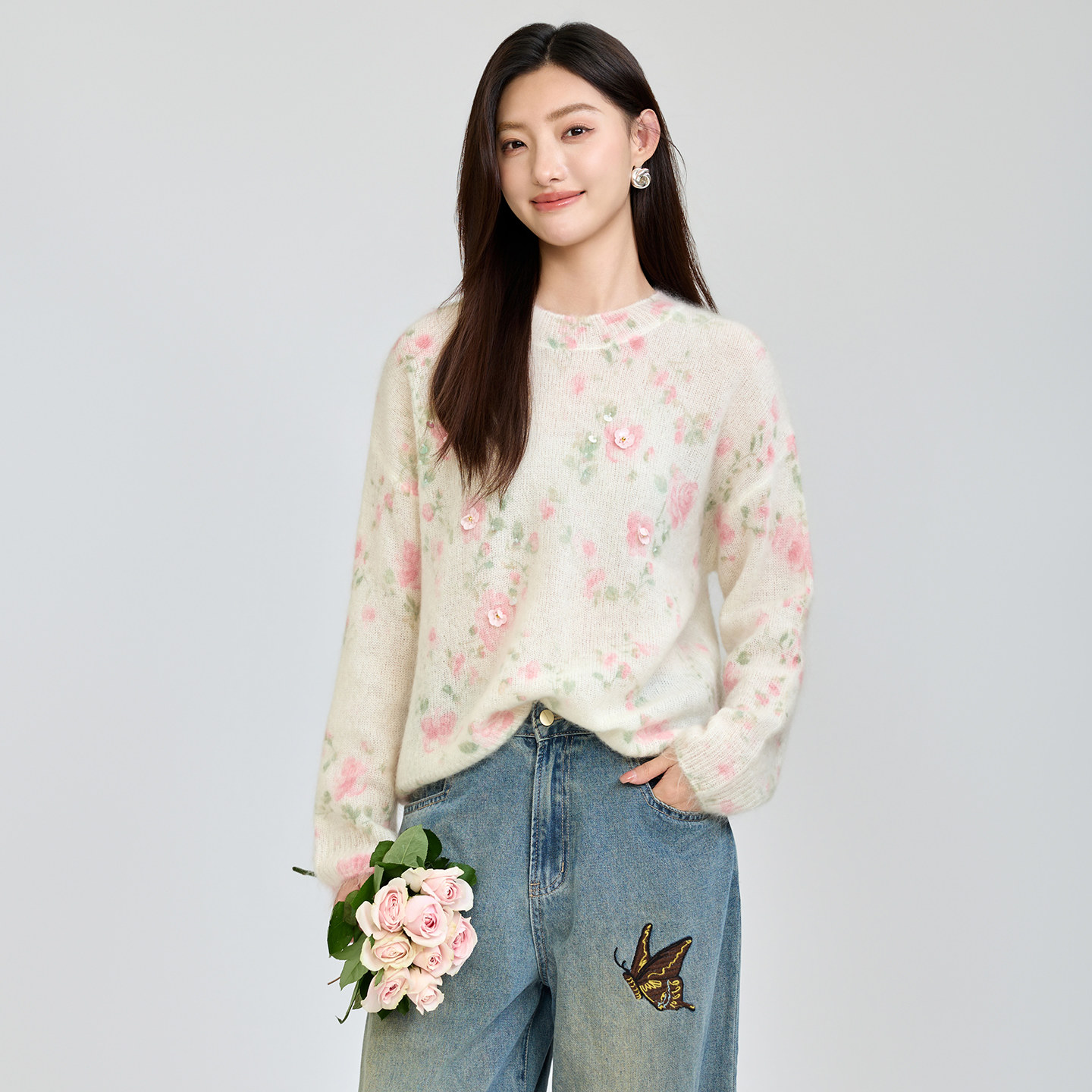 温柔风立体花朵马海毛显瘦毛衣