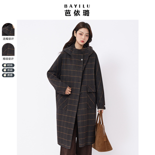 芭依璐2025早春新款格子羊毛大衣中长款高级感毛呢外套保暖双面呢