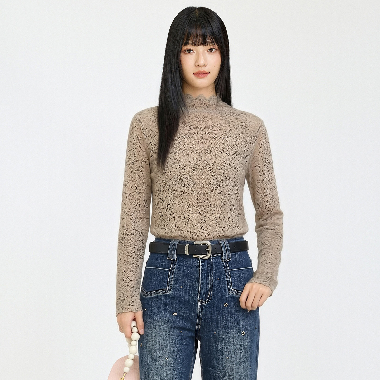 花边半高领蕾丝打底衫女长袖上衣