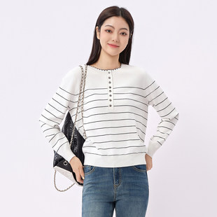 打底衫 芭依璐2025秋冬新款 条纹衫 针织衫 女 毛衣黑白条纹绒软糯法式