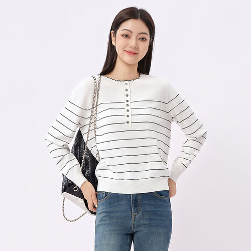芭依璐2025秋冬新款毛衣黑白条纹绒软糯法式针织衫条纹衫打底衫女