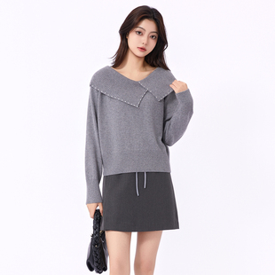 芭依璐毛衣2026春季新款复古重工钉珠不规则慵懒洋气打底针织衫女