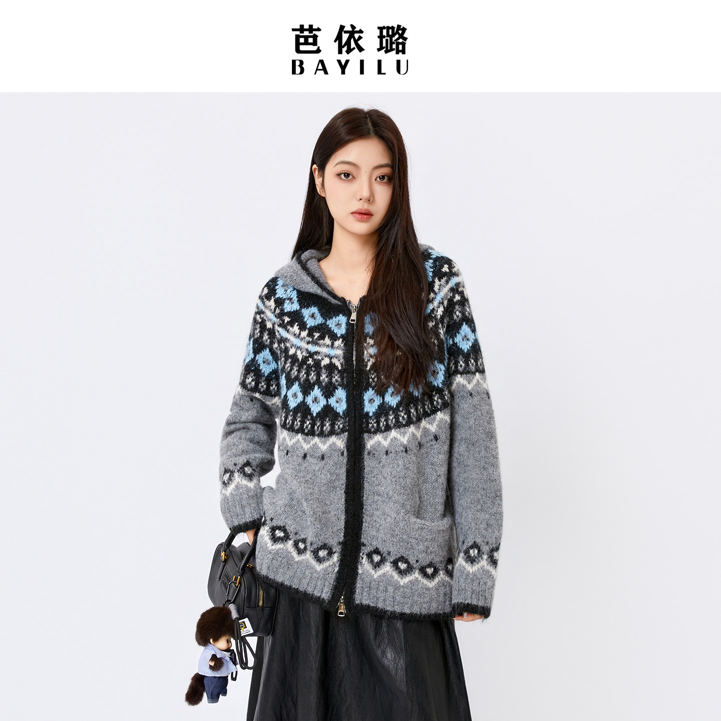 芭依璐2026春季新款费尔岛毛衫外套毛衣连帽慵懒风针织开衫上衣女