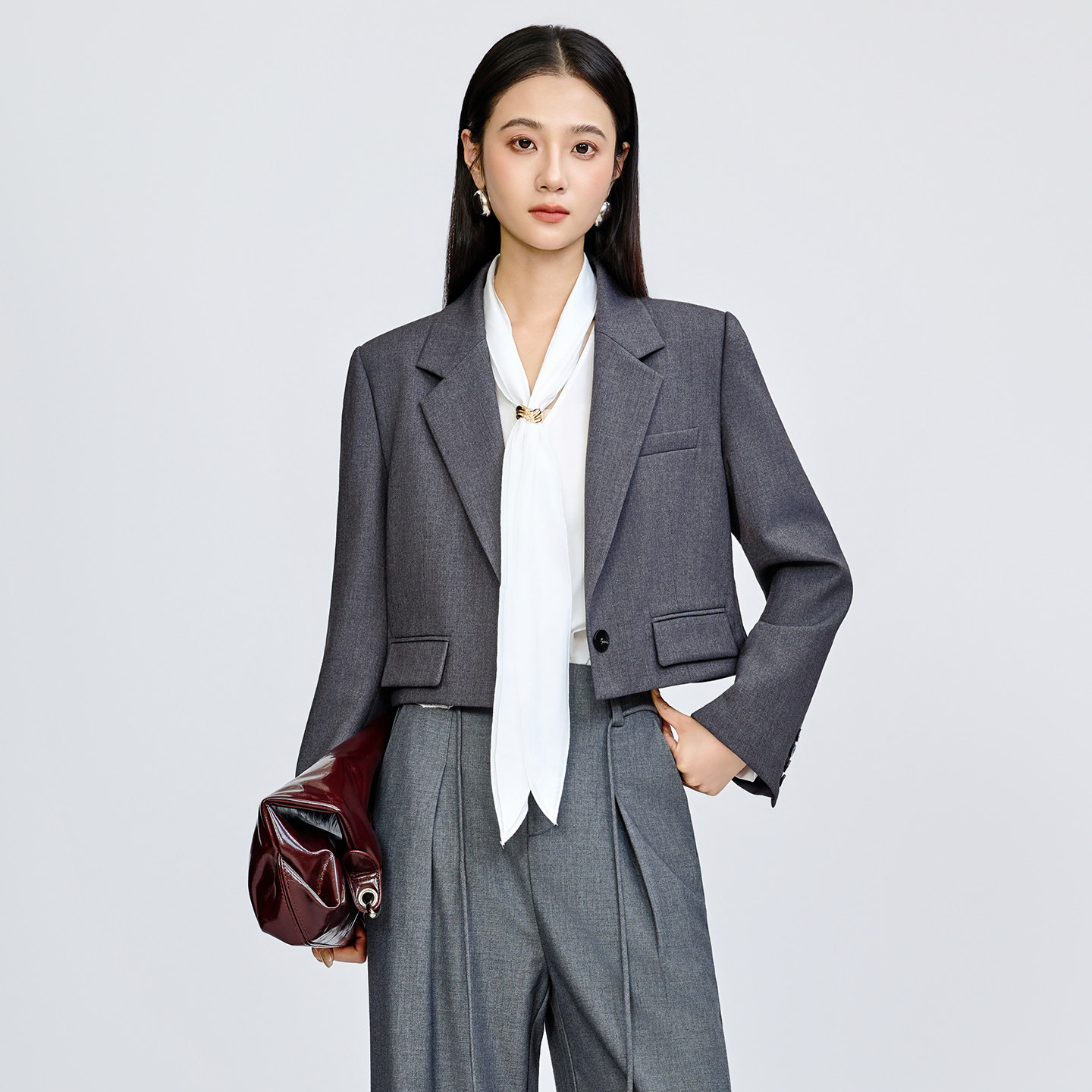翻领长袖短西装外套女百搭上衣