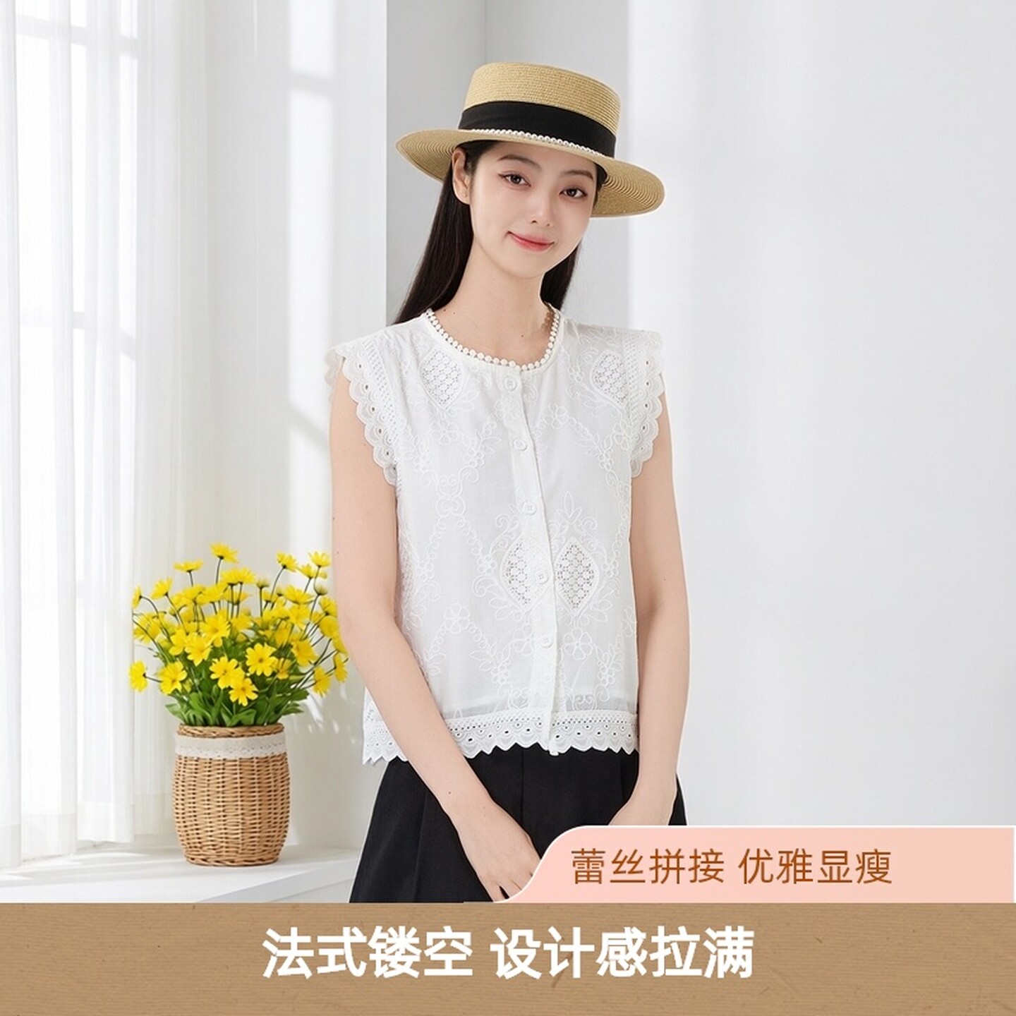 优雅风白色蕾丝拼接小衫显瘦上衣