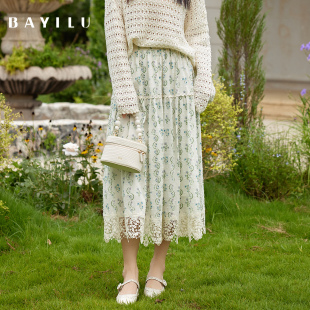 芭依璐2025秋冬新款 半身裙 半身裙复古松紧腰花边碎花A字蕾丝法式