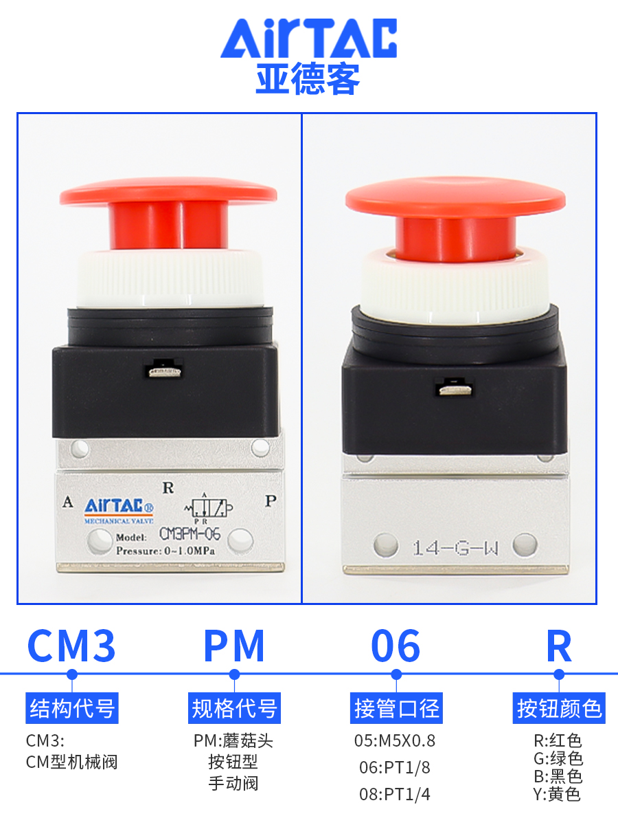 亚德客机械阀CM5PM/CM3PM05/06/08R蘑菇头按钮型手动阀控制气阀