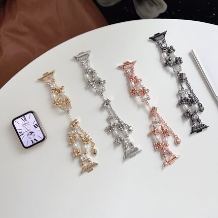适用小米10pro爱心锆石珍珠表链手环9/8nfc红米6华为fit5pro表带