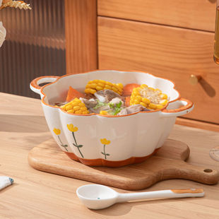 双耳汤碗家用盛汤高颜值小清新ins水果盘子菜盘沙拉碗螺丝粉面碗