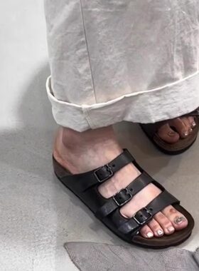 头层牛皮~三排扣勃肯拖鞋女夏外穿2025新款真皮厚底露趾博肯凉拖