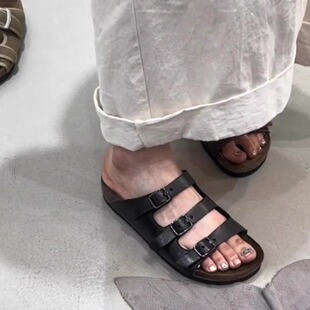 头层牛皮~三排扣勃肯拖鞋女夏外穿2025新款真皮厚底露趾博肯凉拖
