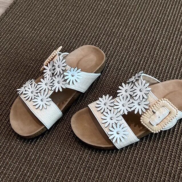 羊皮版~老钱风厚底大扣软木勃肯鞋女夏季露趾h半拖花朵博肯凉拖