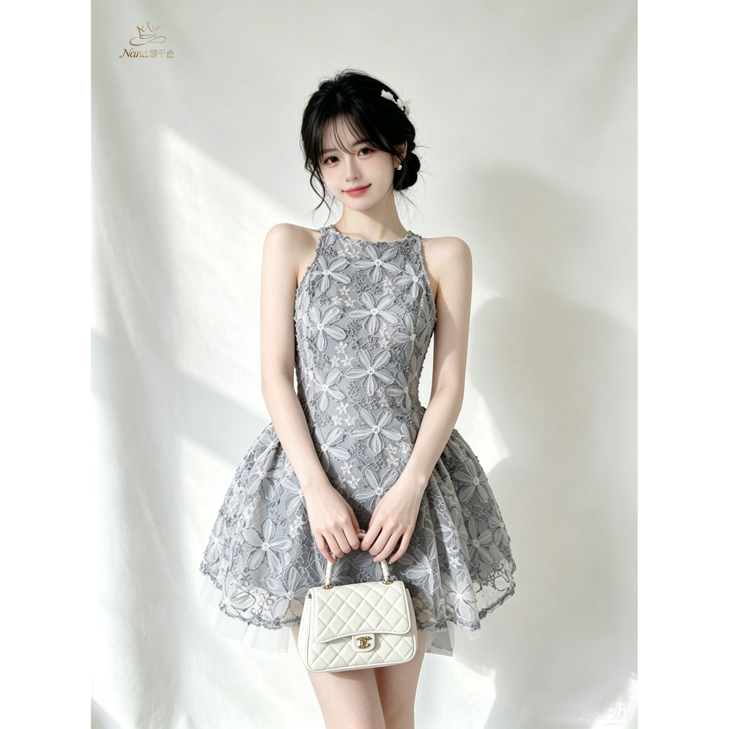 小香风miu系甜美花朵蓬蓬连衣裙
