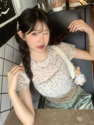 复古碎花薄款微透短袖T恤女