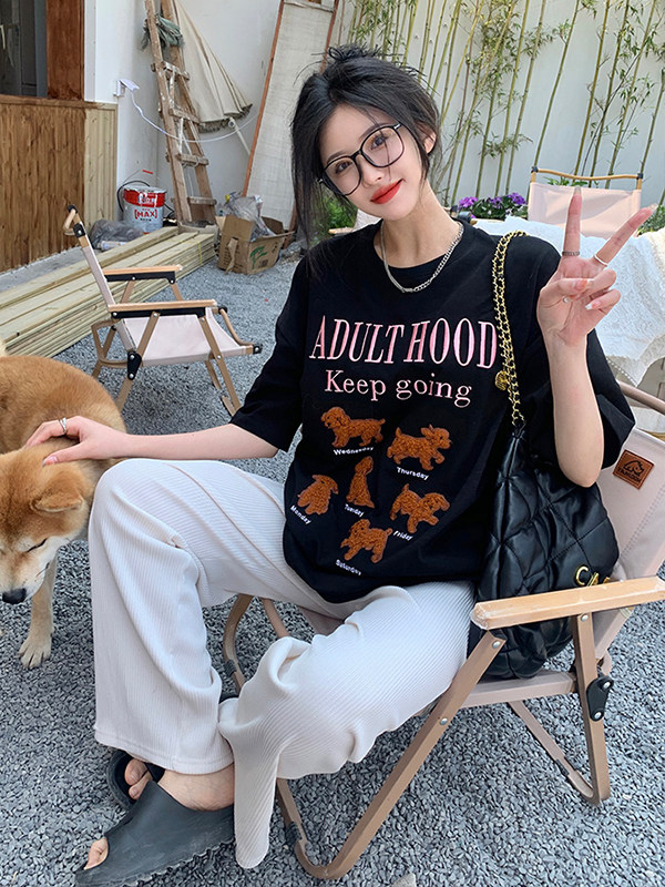 毛巾刺绣短袖T恤女纯棉夏季新款韩版宽松显瘦中长款百搭BF风上衣
