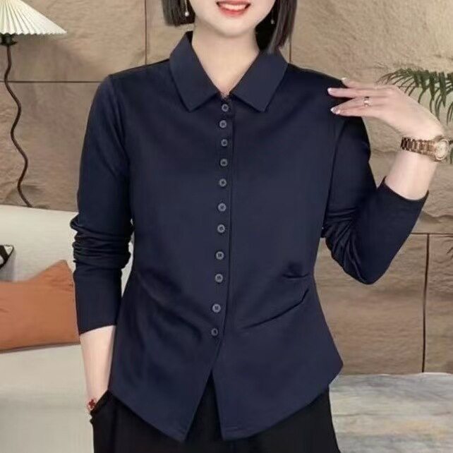 翻领紫色纽扣长袖t恤女2026春季新款宽松掐腰显瘦正肩上衣打底衫