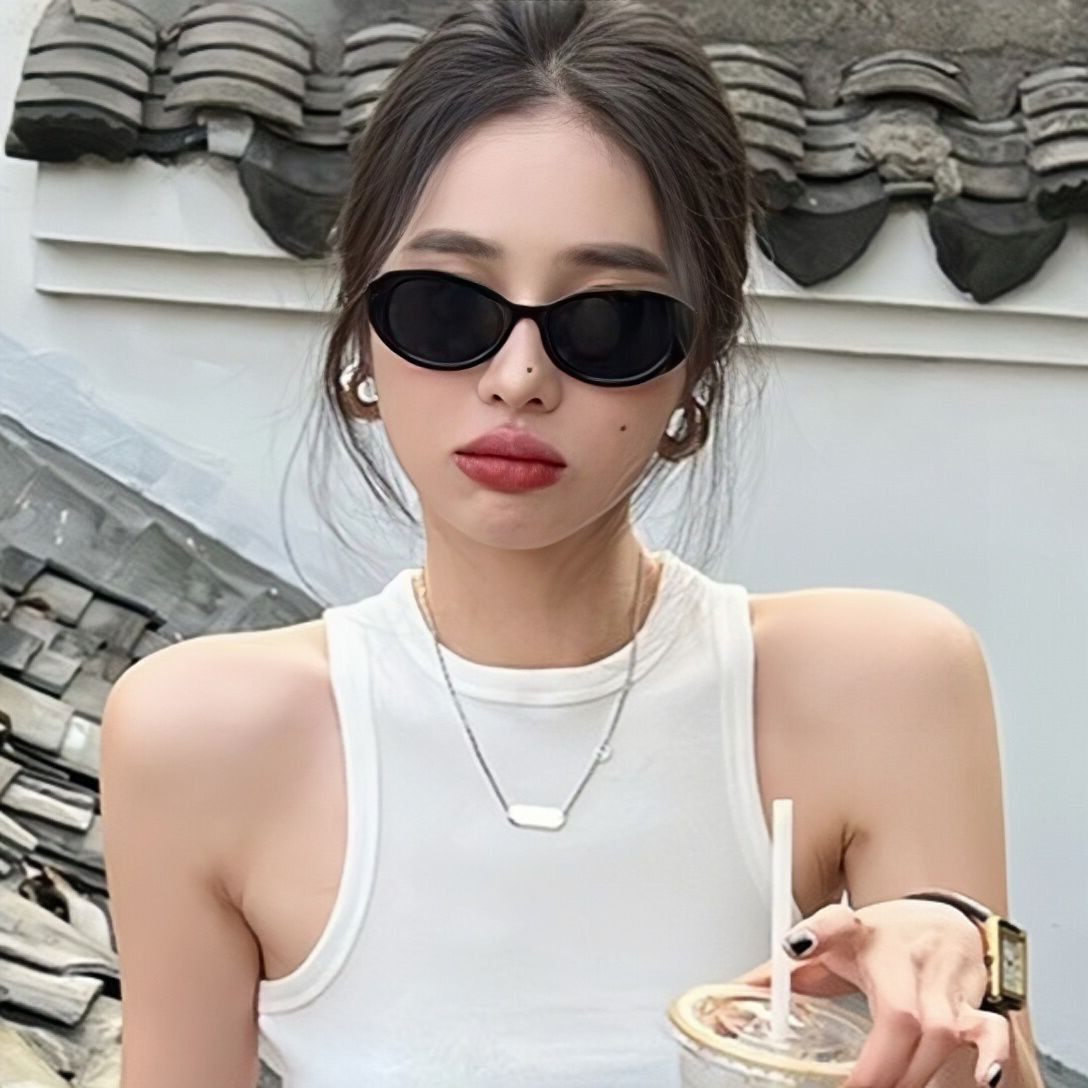 复古黑色椭圆墨镜女高级感小脸欧美2023新款太阳眼镜防紫外线近视