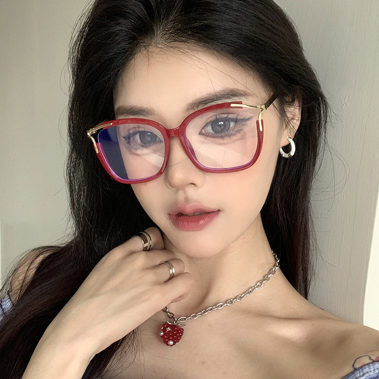 欧美酒红色大框复古猫眼眼镜女士时尚高清防蓝光可配近视眼镜架