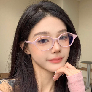 复古小脸椭圆奶油粉色书呆子眼镜素颜可配近视度数框架平光镜女