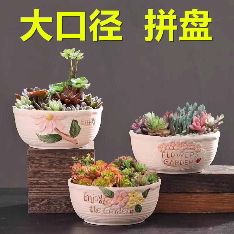 大口径拼盘多肉花盆陶瓷特价清仓个性粗陶肉肉植物大号创意小花盆