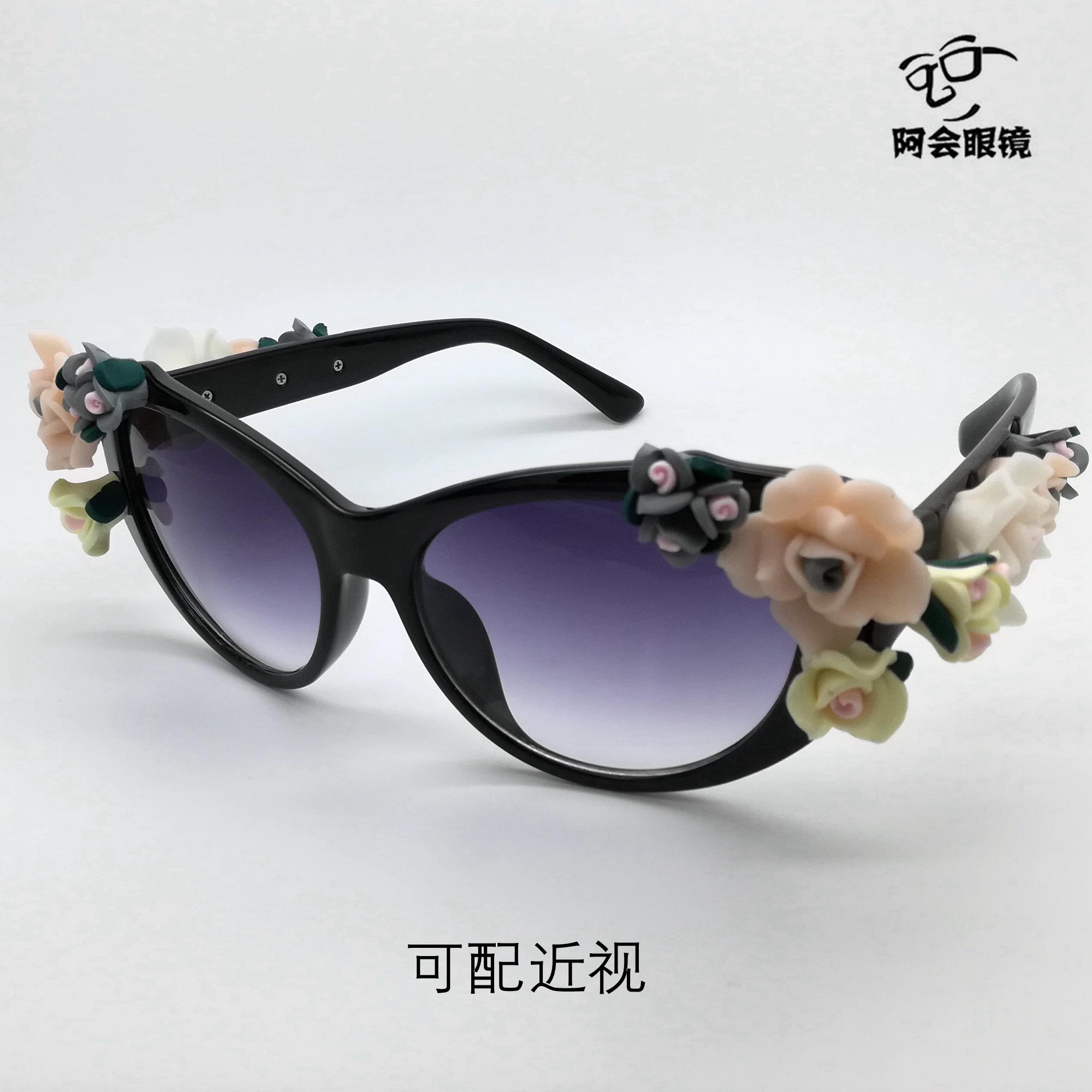新款女士太阳眼镜时尚巴洛克立体花朵装饰墨镜旅游沙滩拍照配近视