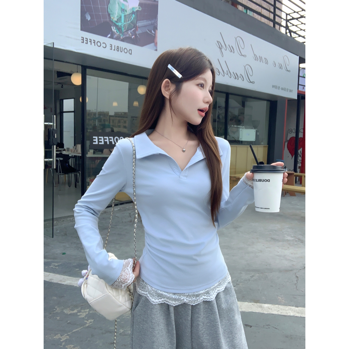 白色蕾丝花边polo领长袖t恤女2025春季v领修身内搭打底衫正肩上衣