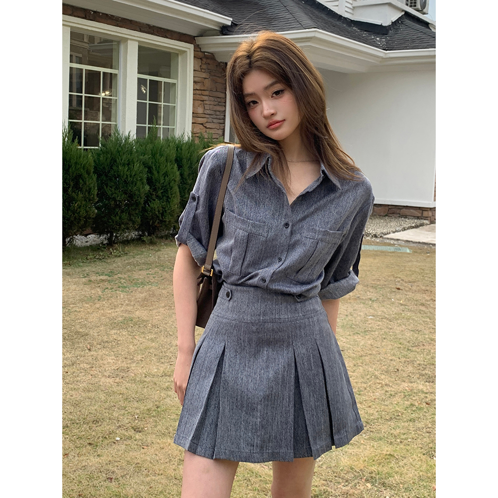 YYCN2025春夏新款通勤仿牛仔衬衫上衣女小众百褶短裙半裙两件套装
